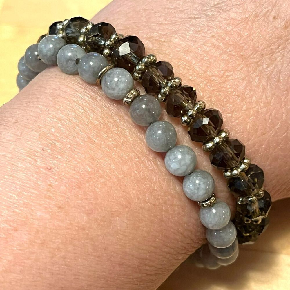 Pair Beaded Stretch Bracelets Gray Gemstones & Pu… - image 2